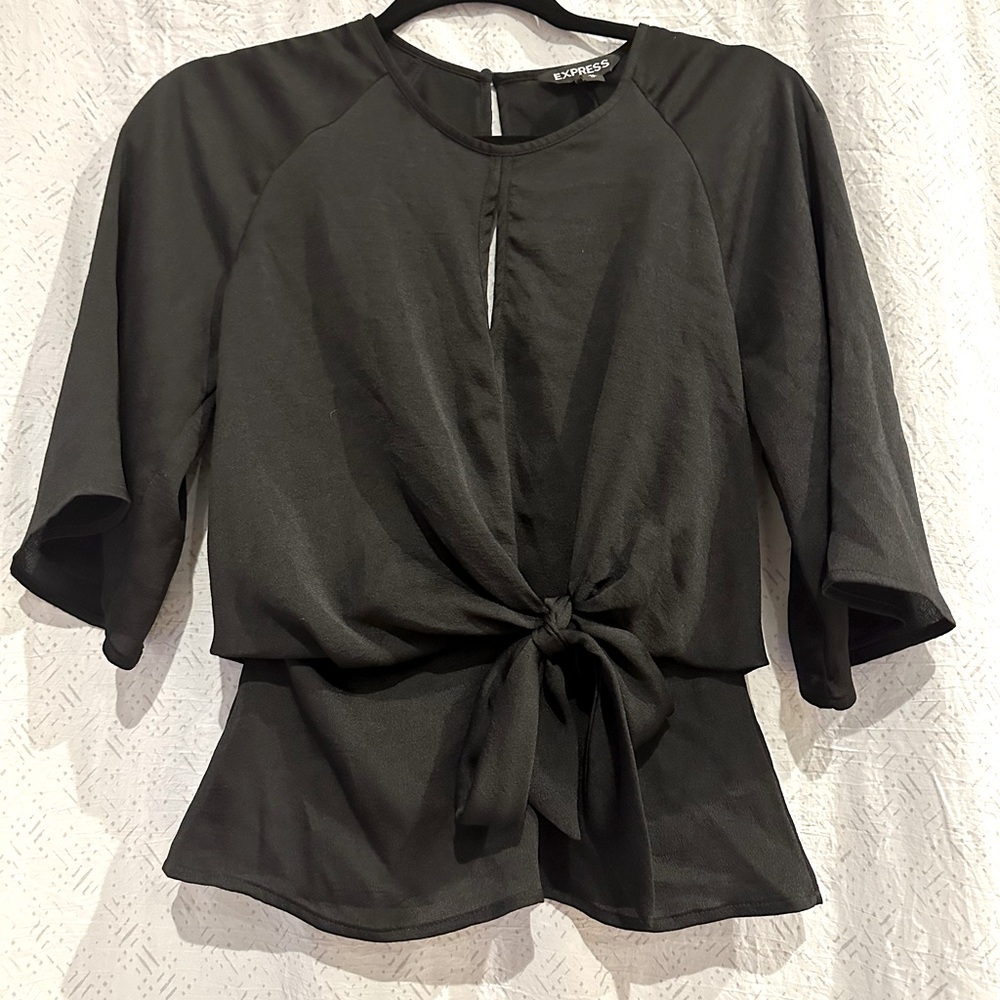 Express Black Quarter Sleeve Blouse With Tie Detail